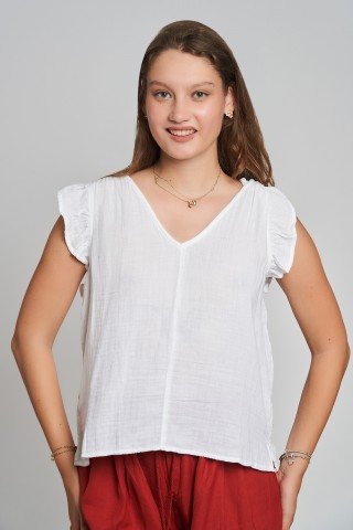 Top alb din muselina cu maneca scurta fluturre