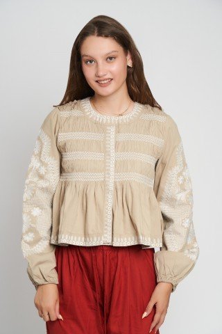 Bluza bej brodata din bumbac Sand Bloom