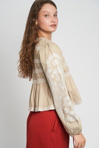 Bluza bej brodata din bumbac Sand Bloom