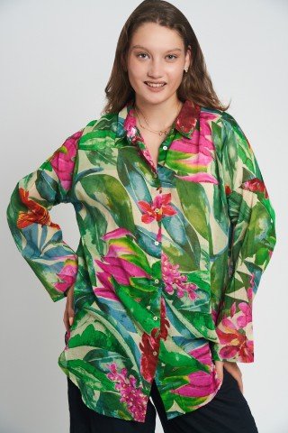 Camasa multicolora cu imprimeu tropical Jungle Bloom