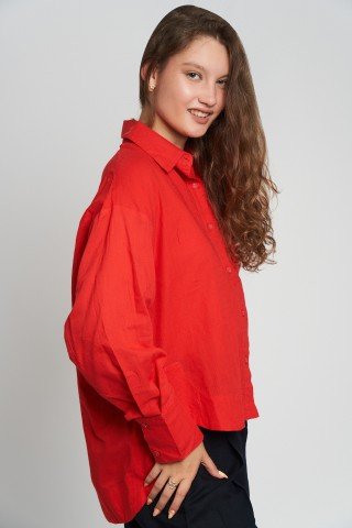 Camasa rosie oversize din bumbac linen feel