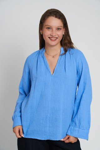 Bluza bleu ciel din muselina cu maneca lunga