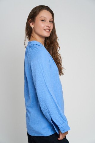 Bluza bleu ciel din muselina cu maneca lunga