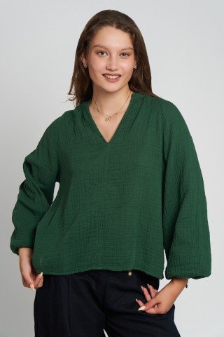 Bluza verde inchis din muselina cu maneca lunga