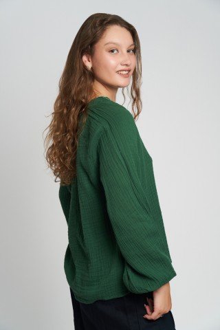 Bluza verde inchis din muselina cu maneca lunga