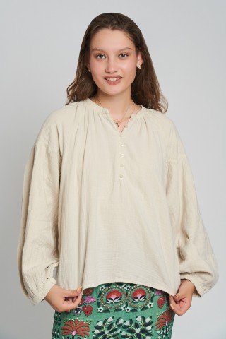 Bluze beige din muselina cu maneca lunga