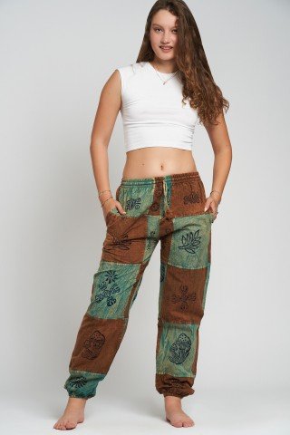 Pantaloni unisex patchwork bronze & turqoise