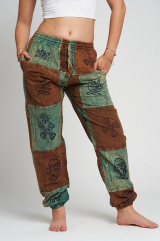 Pantaloni unisex patchwork bronze & turqoise