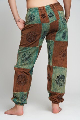 Pantaloni unisex patchwork bronze & turqoise