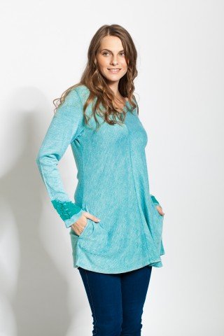 Bluza verde aqua cu broderie si buzunare