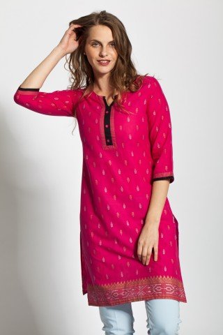 Tunica fucsia casual Kurta cu nasturi aplicati si imprimeu