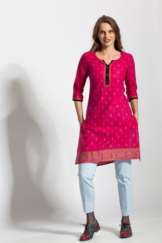 Tunica fucsia casual Kurta cu nasturi aplicati si imprimeu