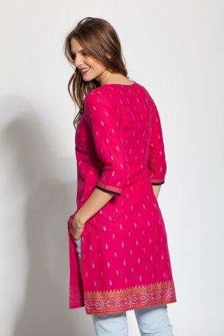 Tunica fucsia casual Kurta cu nasturi aplicati si imprimeu