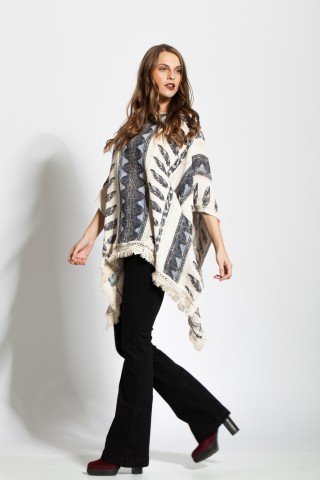 Poncho beige casual cu franjuri