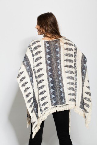 Poncho beige casual cu franjuri