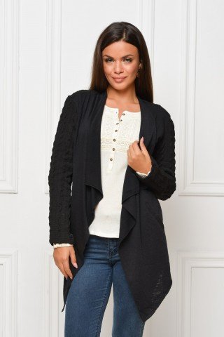 Cardigan negru casual cu maneci tricotate