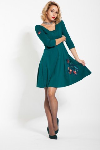 Rochie verde-turcoaz cu broderie florala