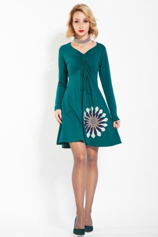 Rochie verde bumbac Amita cu aplicatie