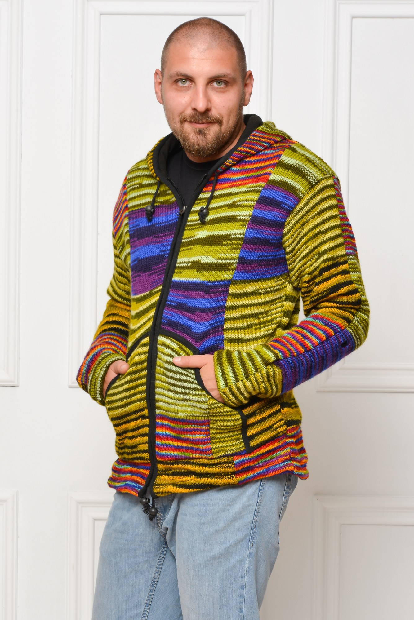 Jacheta lana dubla polar unisex cu gluga - multicolor