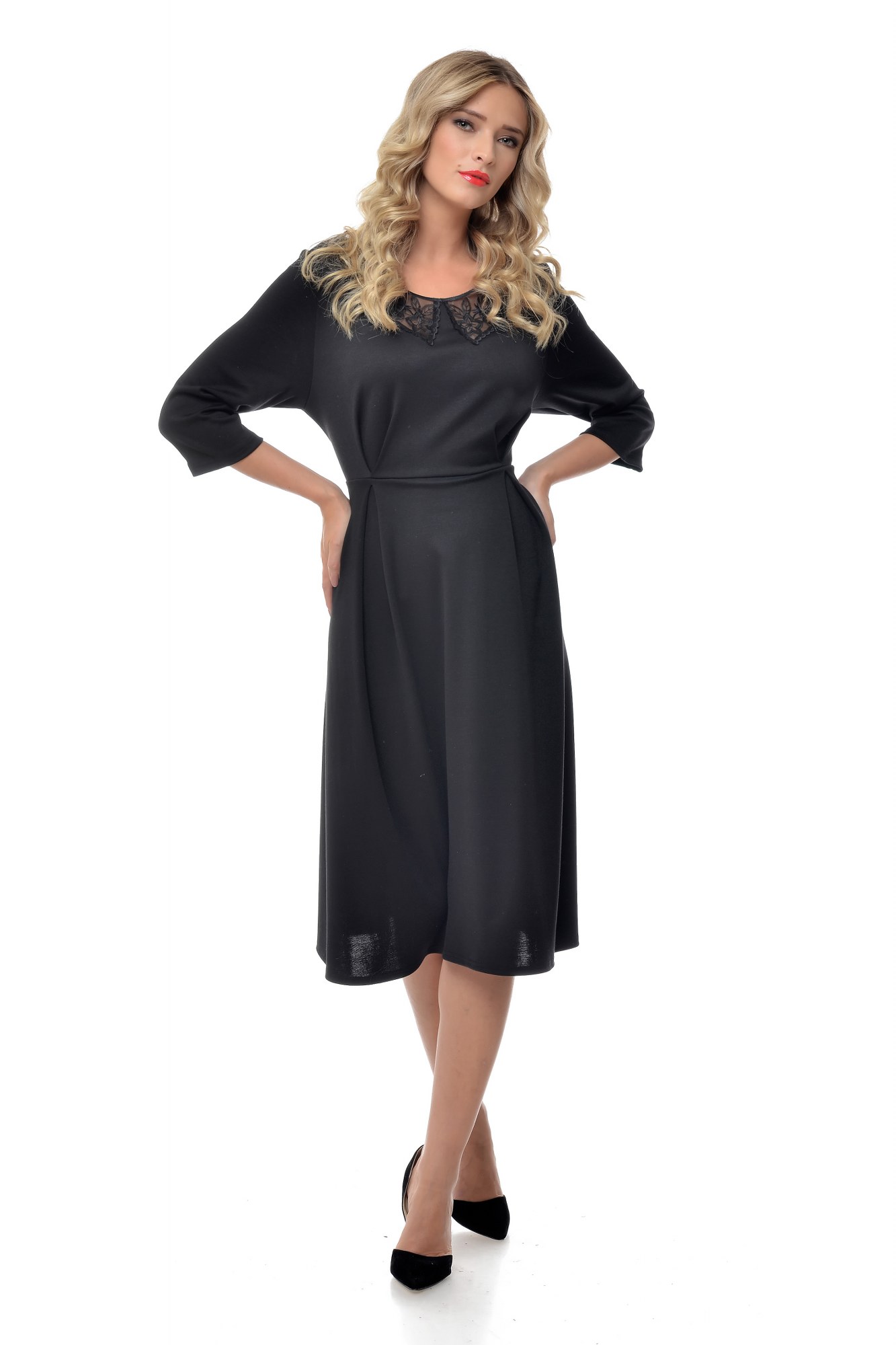 Rochie Neagra Midi Si Guler Din Dantela Boemurbanro