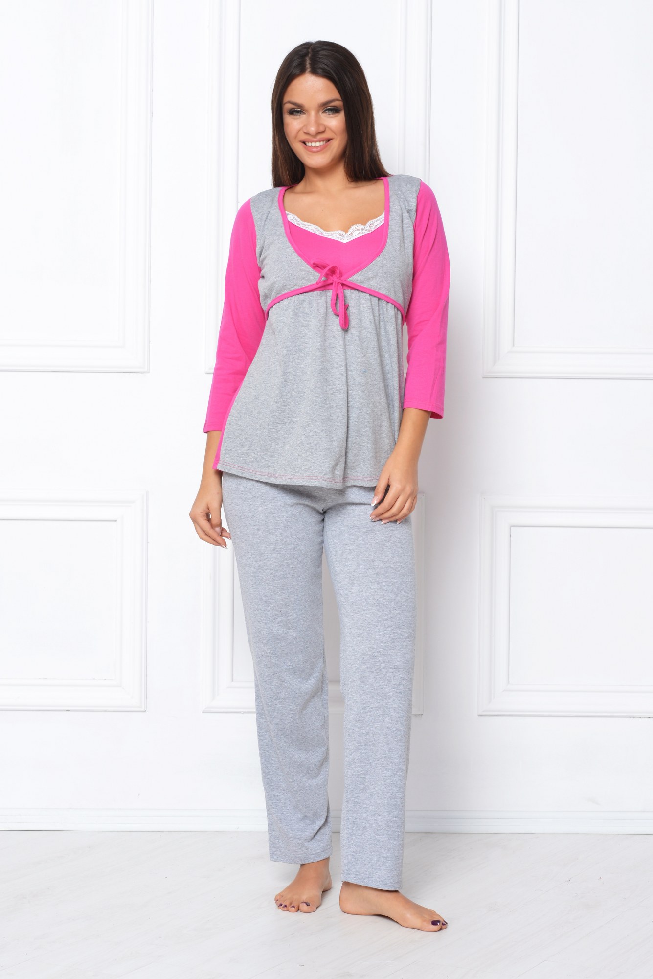 Pijama gri-roz cu snur